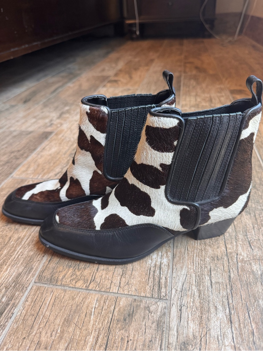 dingo Cow-Print Western Ankle Boots - Brown & White, calf hair